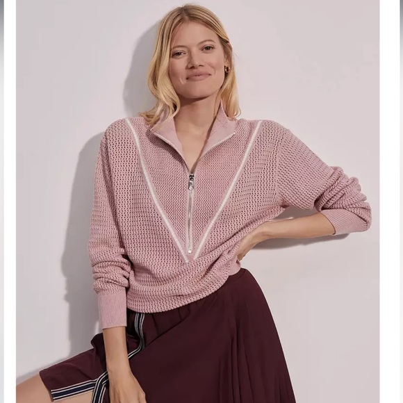 Varley Sweaters - Varley Women's Calva Cotton Open Knit Sweater Pink Mauve 1/2 Zip NWT
